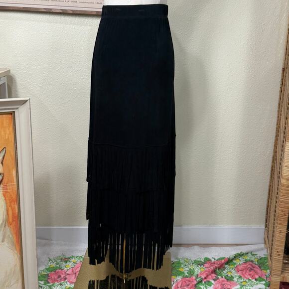 Vintage 90s Slinky Stretch Fringe Maxi Skirt Western Boho Cowgirl Goth XS S - Picture 3 of 5